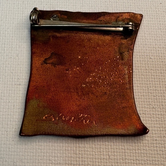 Handmade Enamel on Copper Pin Abstract Shapes Signed - Picture 2 of 4